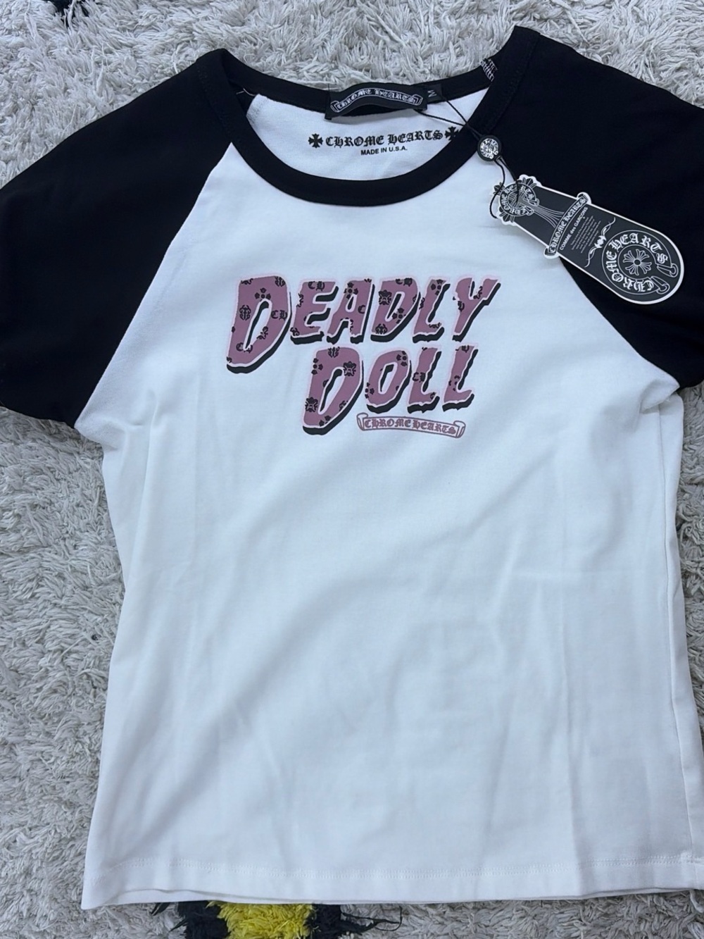 Chrome Hearts White & Black 'Deadly Doll' Raglan Tee for Kids